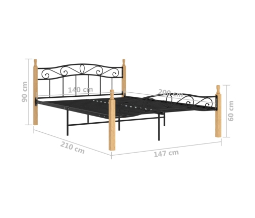 Estructura de cama madera maciza roble metal negro 140x200 cm