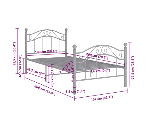 Estructura de cama sin colchón metal gris 100x200 cm