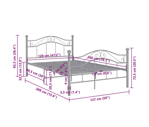 vidaXL Estructura de cama de metal gris 120x200 cm