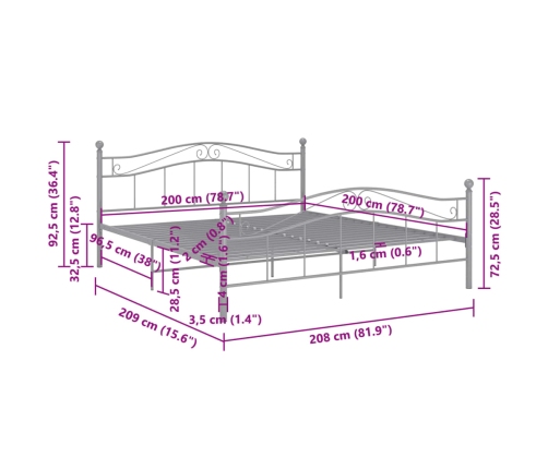 Estructura de cama de metal gris 200x200 cm