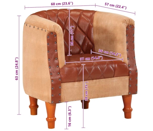 Sillón de cuero auténtico y madera maciza de mango marrón