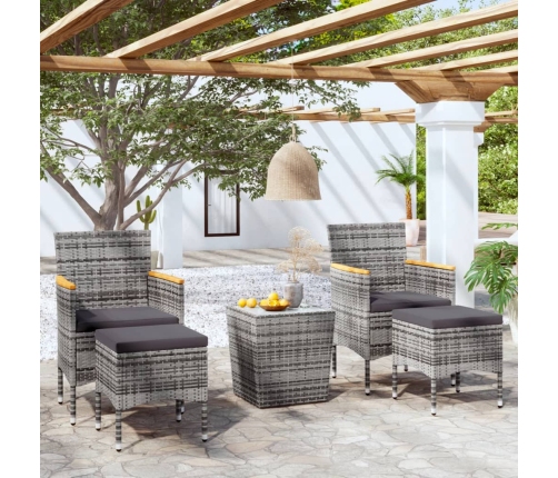 Mesa sillas jardín 5 pzas ratán sintético vidrio templado gris