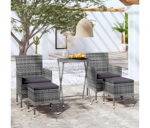 Mesa sillas jardín 5 pzas ratán sintético vidrio templado gris