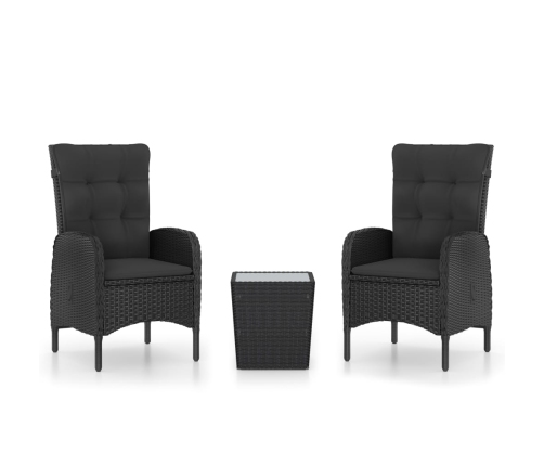 Mesa y sillas de jardín 3 piezas ratán sintético y vidrio negro