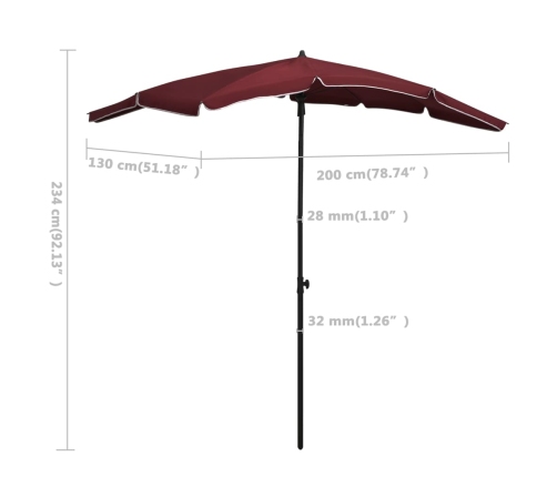 Sombrilla de jardín con palo rojo burdeos 200x130 cm