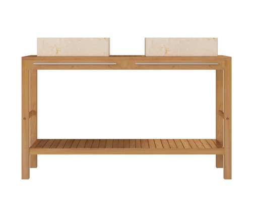 Mueble tocador madera teca maciza con lavabos de mármol crema