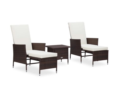 Set muebles de jardín 3 piezas y cojines ratán sintético marrón