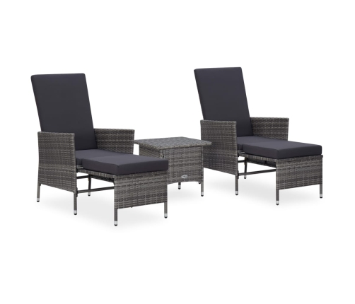 Set de muebles de jardín 3 pzas y cojines ratán sintético gris