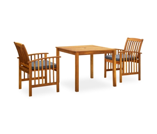 Set comedor de jardín 3 pzas y cojines madera maciza de acacia