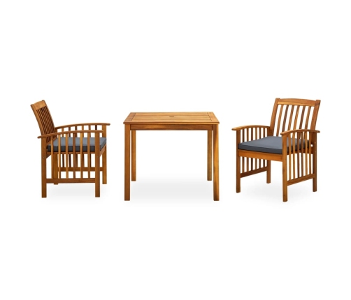 Set comedor de jardín 3 pzas y cojines madera maciza de acacia