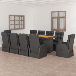 Set comedor de jardín 11 piezas y cojines ratán sintético negro