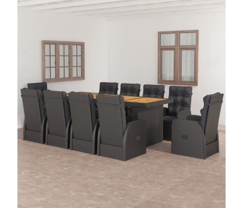 Set comedor de jardín 11 piezas y cojines ratán sintético negro