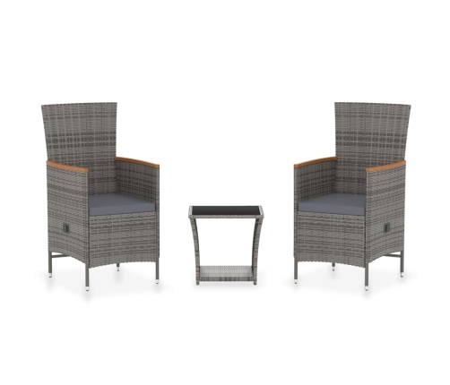 Set de muebles de jardín 3 pzas y cojines ratán sintético gris