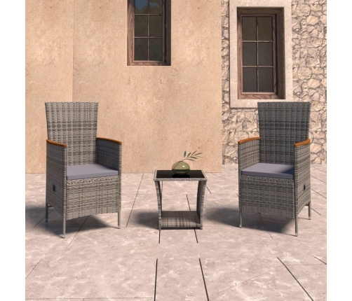 Set de muebles de jardín 3 pzas y cojines ratán sintético gris