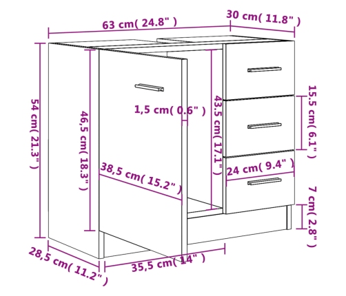 Armario para lavabo madera contrachapada negro 63x30x54 cm