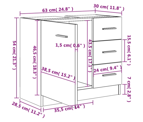 Armario para lavabo contrachapada gris hormigón 63x30x54 cm