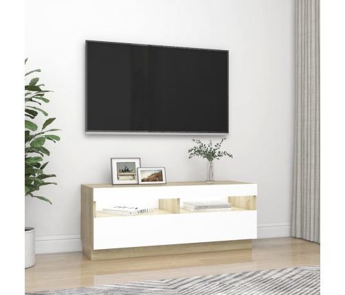 Mueble de TV con luces LED blanco y roble Sonoma 100x35x40 cm