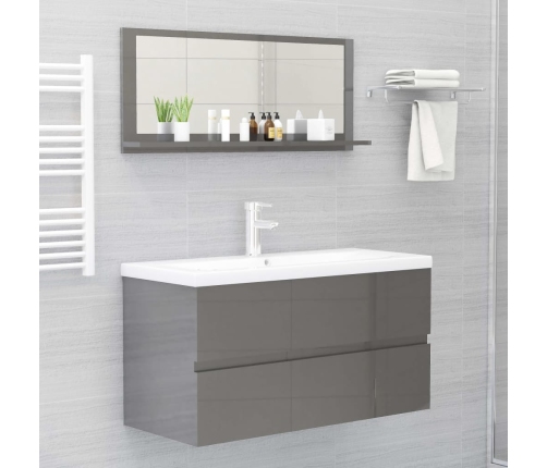 Espejo de baño madera contrachapada gris brillo 90x10,5x37 cm