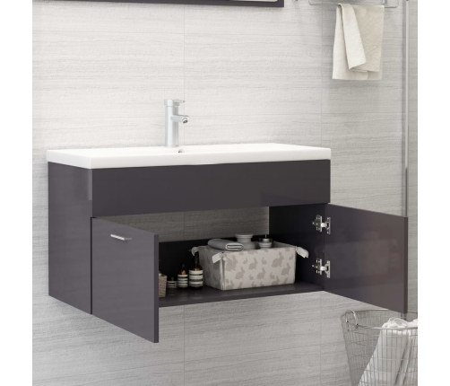 Armario para lavabo contrachapada gris brillo 90x38,5x46 cm