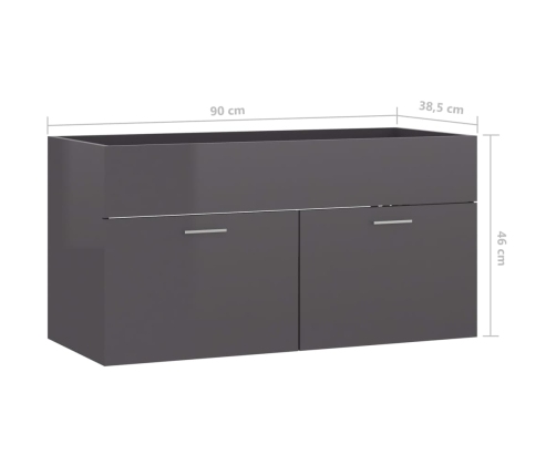 Armario para lavabo contrachapada gris brillo 90x38,5x46 cm