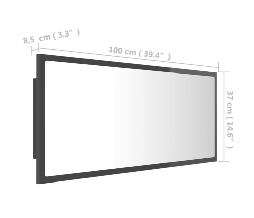 Espejo de baño LED acrílico gris brillo 100x8,5x37 cm