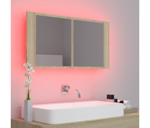 Armario espejo de baño LED acrílico roble Sonoma 90x12x45 cm