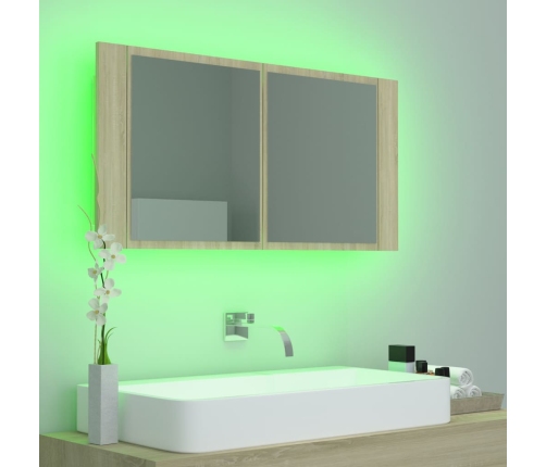 Armario espejo de baño LED acrílico roble Sonoma 90x12x45 cm