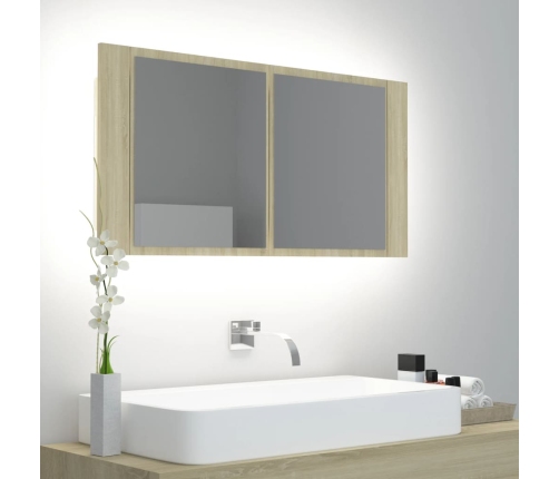 Armario espejo de baño LED acrílico roble Sonoma 90x12x45 cm