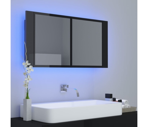 Armario espejo de baño LED acrílico negro brillo 90x12x45 cm