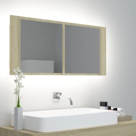 Armario espejo de baño LED acrílico roble Sonoma 100x12x45 cm