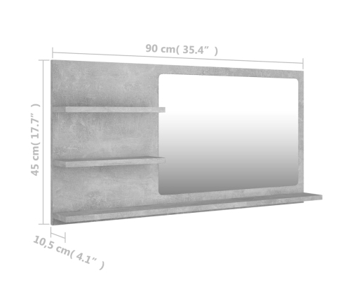 Espejo de baño madera contrachapada gris hormigón 90x10,5x45 cm