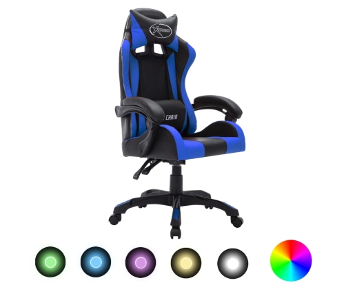 Silla gaming con luces LED RGB cuero sintético azul y negro