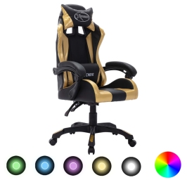 Silla gaming con luces LED RGB cuero sintético dorado y negro