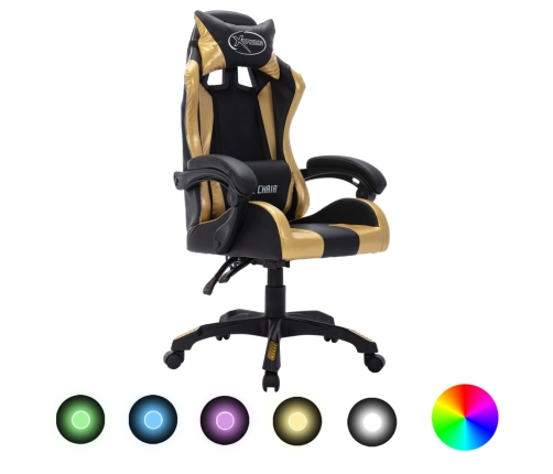 Silla gaming con luces LED RGB cuero sintético dorado y negro