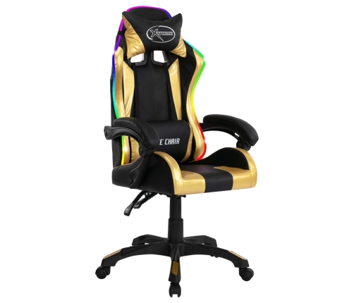 Silla gaming con luces LED RGB cuero sintético dorado y negro