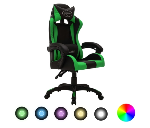 Silla gaming con luces LED RGB cuero sintético verde y negro