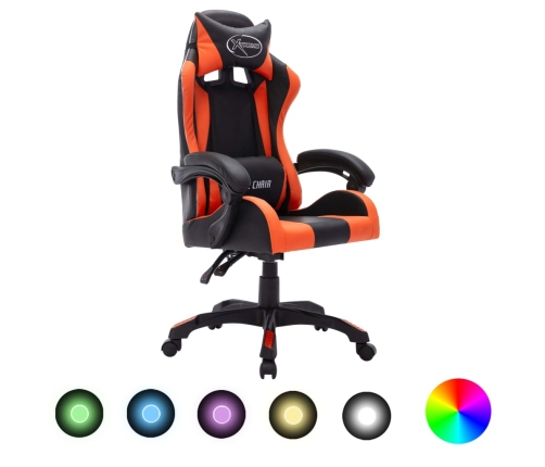 Silla gaming con luces LED RGB cuero sintético naranja y negro