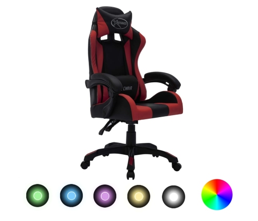 Silla gaming luces LED RGB cuero sintético color vino y negro