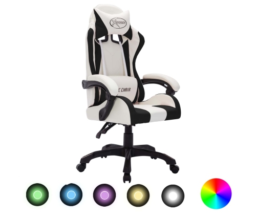 Silla gaming con luces LED RGB cuero sintético blanco y negro