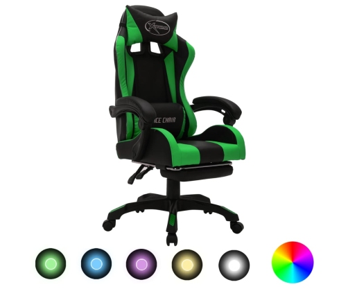 Silla gaming con luces LED RGB cuero sintético verde y negro