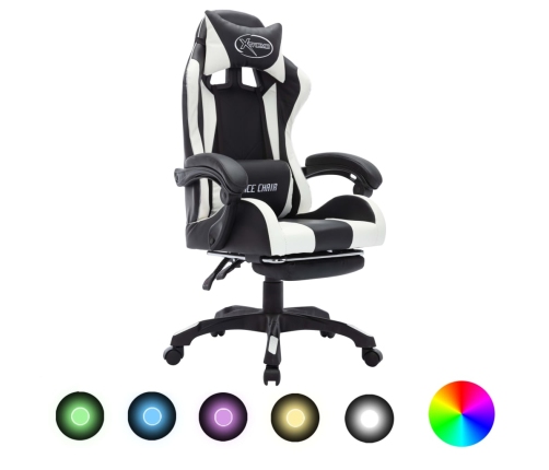 Silla gaming con luces LED RGB cuero sintético blanco y negro