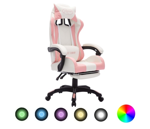 Silla gaming con luces LED RGB cuero sintético rosa y blanco