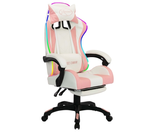 Silla gaming con luces LED RGB cuero sintético rosa y blanco