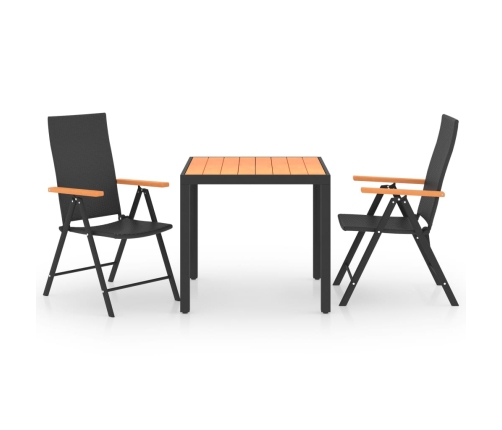 Juego de comedor para jardín 3 piezas negro y marrón