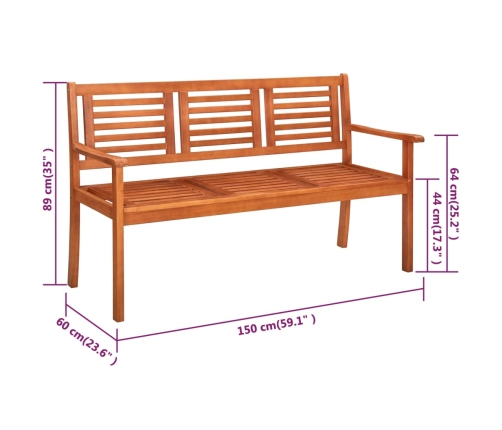 Banco de jardín 3 plazas madera maciza eucalipto y cojín 150 cm