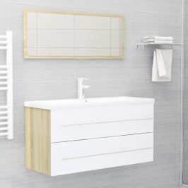 Set de muebles de baño 2 pzas madera contrachapada blanco roble