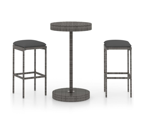 Set muebles bar jardín 3 piezas y cojines ratán sintético gris