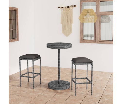 Set muebles bar jardín 3 piezas y cojines ratán sintético gris