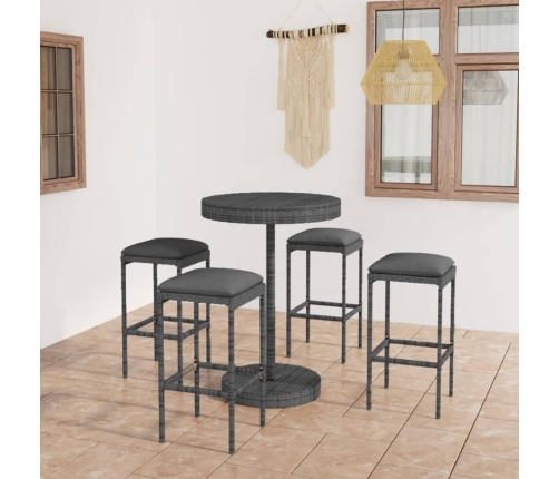 Set muebles bar jardín 5 piezas y cojines ratán sintético gris