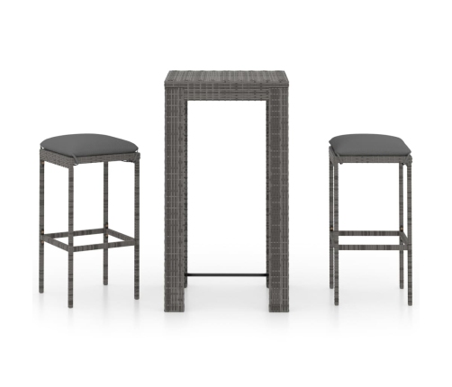 Set muebles bar jardín 3 piezas y cojines ratán sintético gris